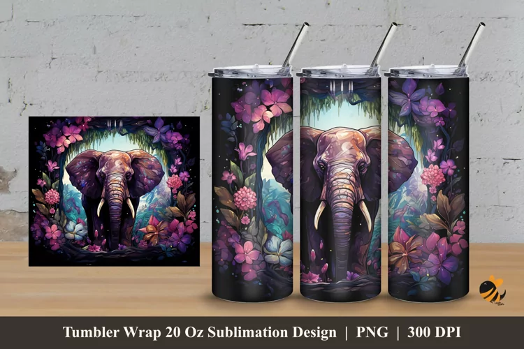 Flowering Elephant Tumbler Wrap Sublimation Design 3