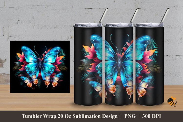 Neon Butterflies Tumbler Wrap Sublimation Design 3