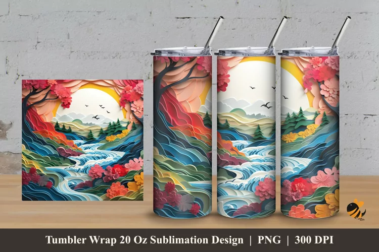 3D Nature River Tumbler Wrap Sublimation Design 3