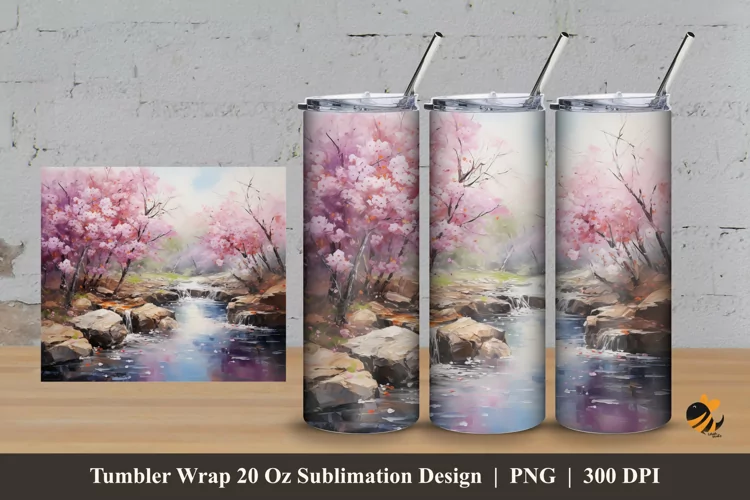 Sakura River Tumbler Wrap Sublimation Design 3