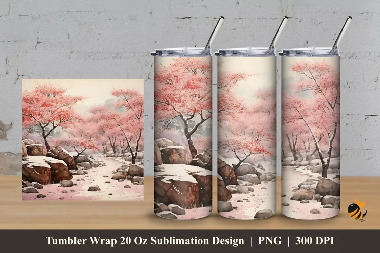 Winter Sakura Tumbler Wrap Sublimation Design 3