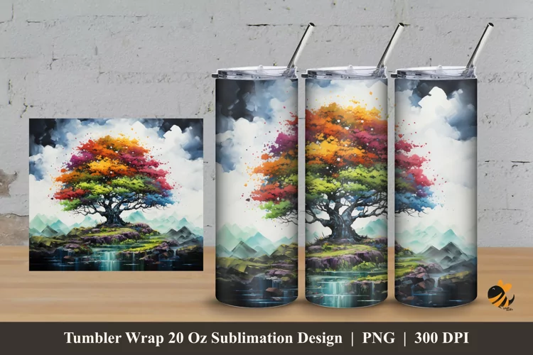 Painting Rainbow Tree Tumbler Wrap Sublimation Design 3