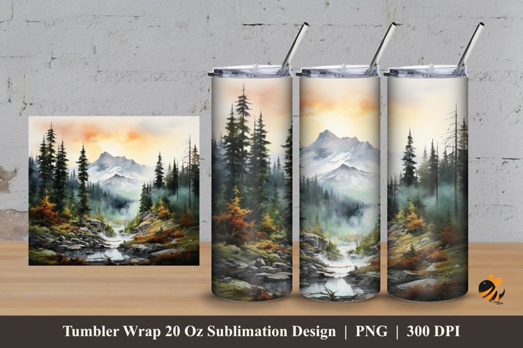 Watercolor Mountain Forest Tumbler Wrap Sublimation Design 3 example image 1