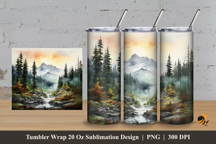 Watercolor Mountain Forest Tumbler Wrap Sublimation Design 3