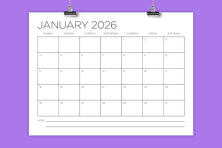2026 12 x 9 Thin Sans Serif Calendar Template