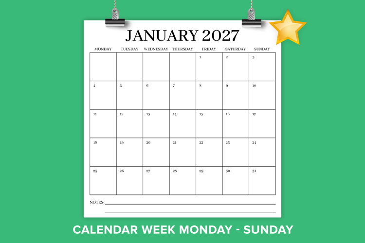 2027 Square Monday to Sunday 12 x 12 Inch Serif Calendar