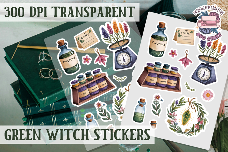 Green Witch sticker sheet Magic Scrapbook PNG Herbs Spells