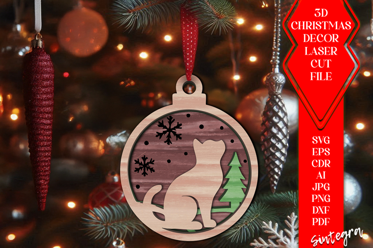 3D Cat Christmas Baubles SVG Laser Cut Ornament Files v1