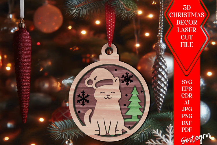 3D Cat Christmas Baubles SVG Laser Cut Ornament Files v2