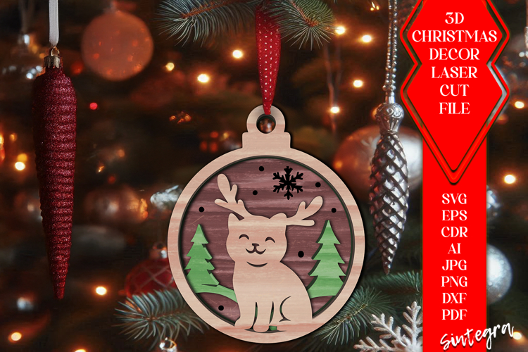 3D Cat Christmas Baubles SVG Laser Cut Ornament Files v3