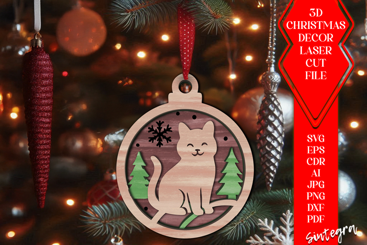 3D Cat Christmas Baubles SVG Laser Cut Ornament Files v4