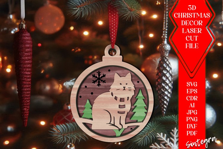 3D Cat Christmas Baubles SVG Laser Cut Ornament Files v5