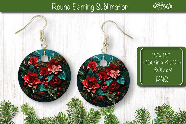 3D Christmas Round Earring Sublimation Christmas 3D Flower