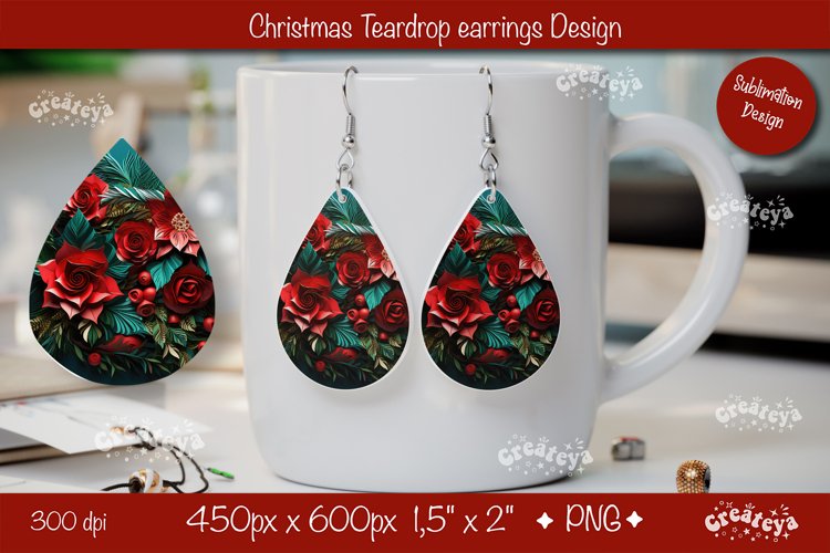 Christmas 3D teardrop earrings sublimation 3D flower