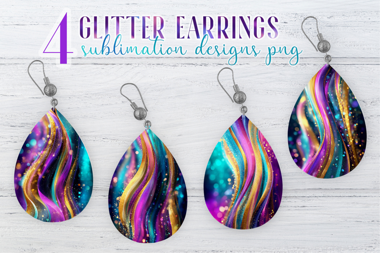 Glitter Earrings Sublimation|Golden Pink Blue Waves Teardrop