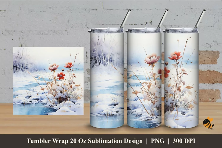 Winter Flower Tumbler Wrap Sublimation Design 4