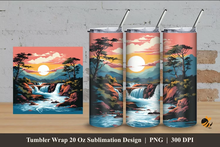 Vintage Waterfall Sunset Tumbler Wrap Sublimation Design 4