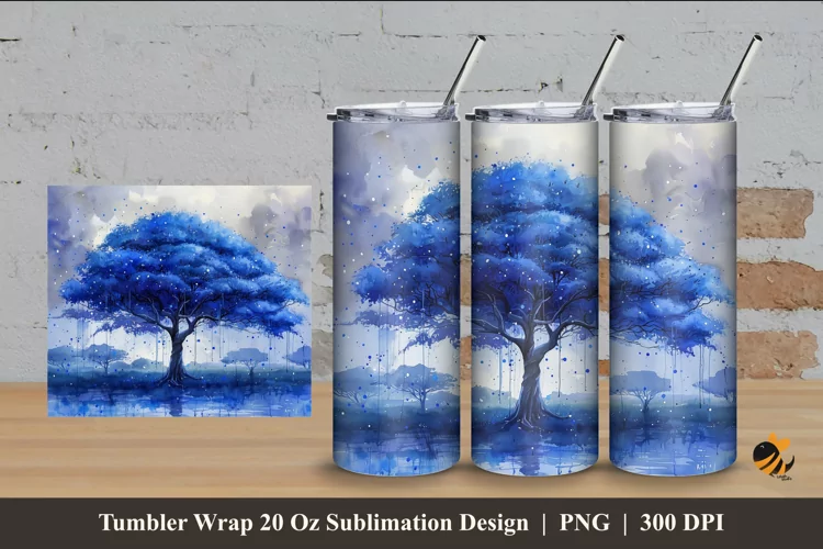 Blue Tree Tumbler Wrap Sublimation Design 4