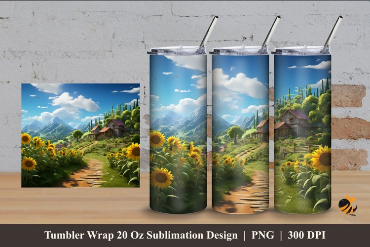Landscape Sun Flowers Tumbler Wrap Sublimation Design 4 example image 1