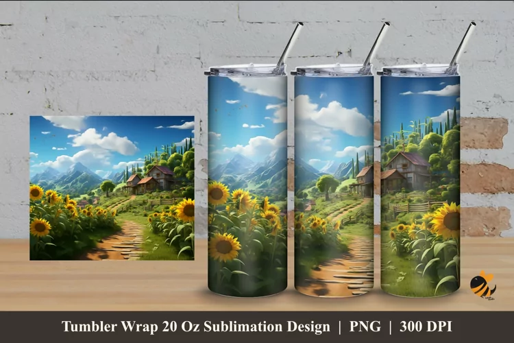 Landscape Sun Flowers Tumbler Wrap Sublimation Design 4