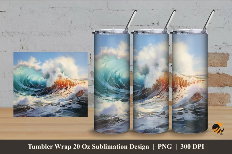 Big Sea Waves Tumbler Wrap Sublimation Design 4