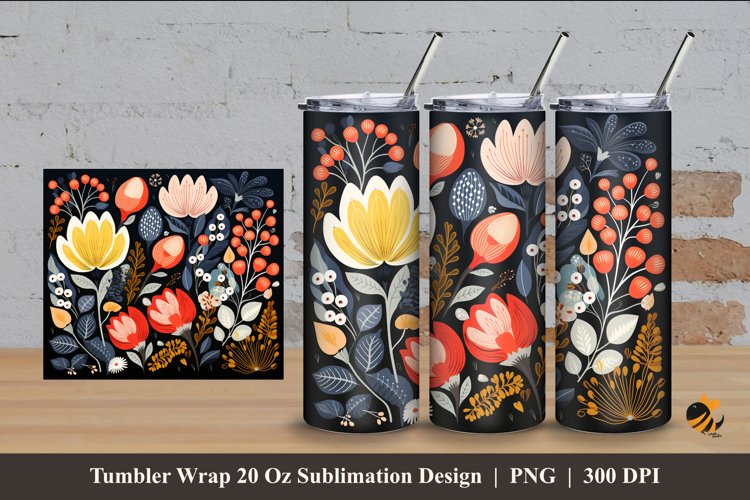 Scandinavian Floral Tumbler Wrap Sublimation Design 4 example image 1