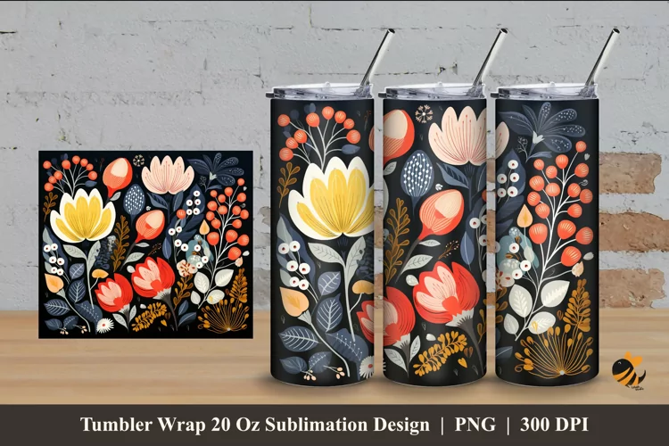 Scandinavian Floral Tumbler Wrap Sublimation Design 4