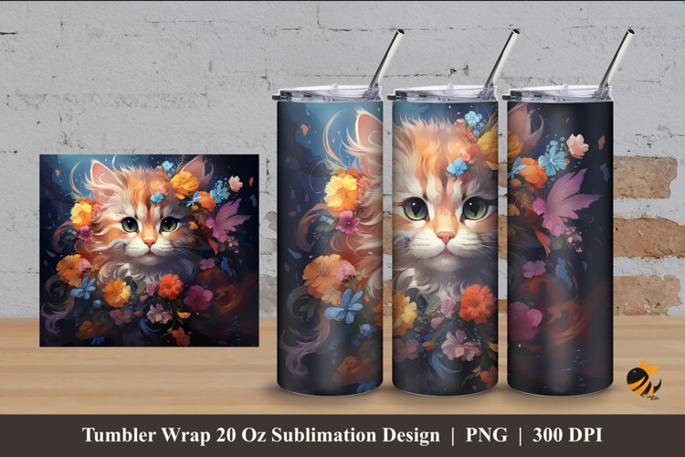 Flowering Cat Tumbler Wrap Sublimation Design 4