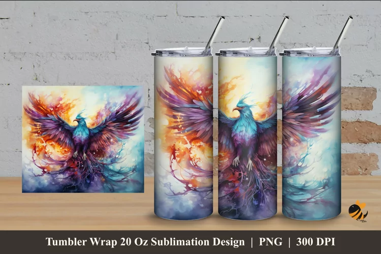Watercolor Phoenix Tumbler Wrap Sublimation Design 4