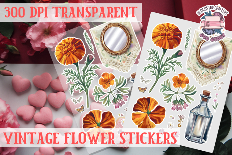 Vintage flowers sticker sheet Spring Botanical PNG