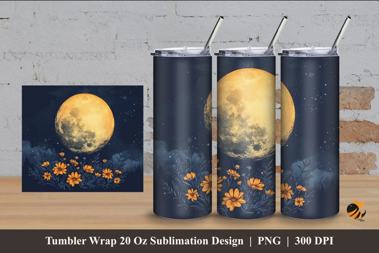 Ink Moon And Flower Tumbler Wrap Sublimation Design 4