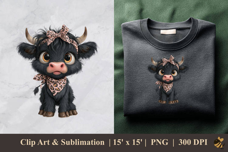 Adorable Black Highland Cow DTF Sublimation Clipart Design 4