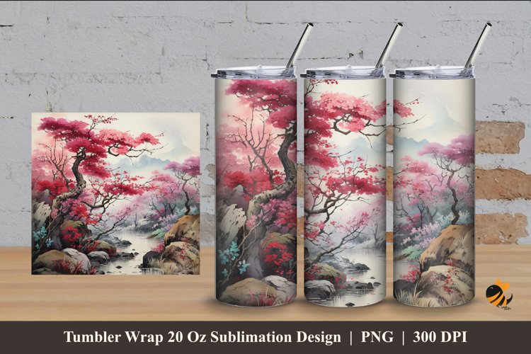 Nature And Cherry Tree Tumbler Wrap Sublimation Design 4 example image 1