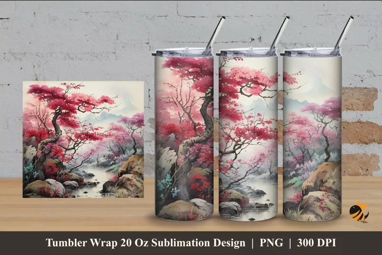 Nature And Cherry Tree Tumbler Wrap Sublimation Design 4