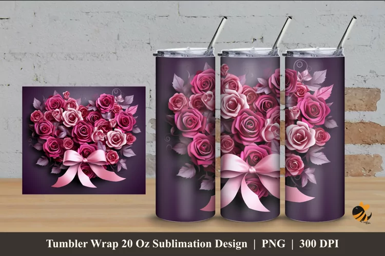 3D Fuchsia Roses Tumbler Wrap Sublimation Design 4
