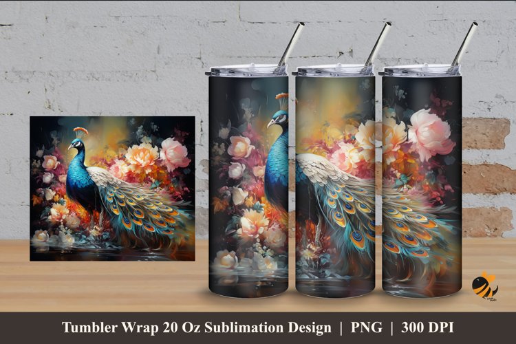 Flowering Peacock Tumbler Wrap Sublimation Design 4