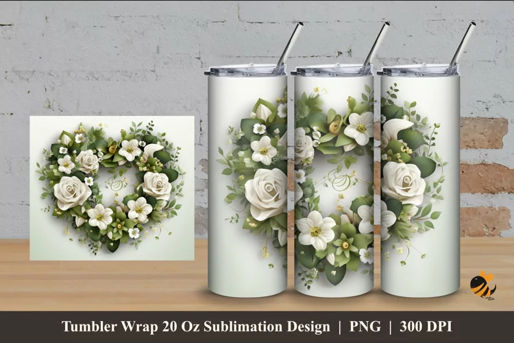 Green Valentine Wreath Tumbler Wrap Sublimation Design 4