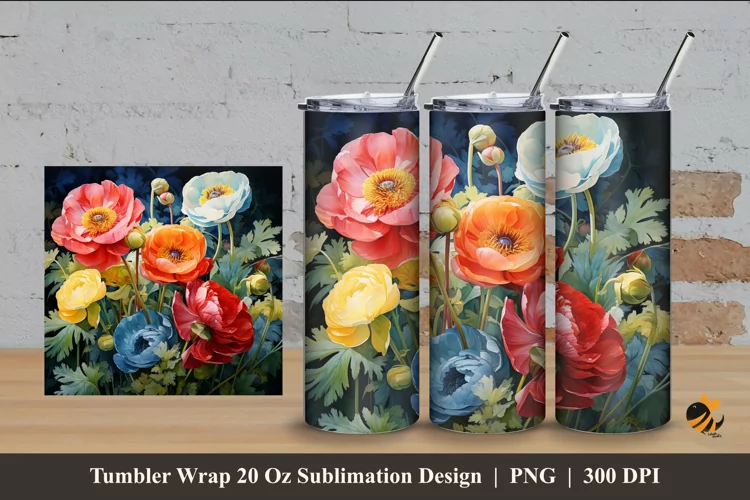 Colorful Ranuculus Tumbler Wrap Sublimation Design 4