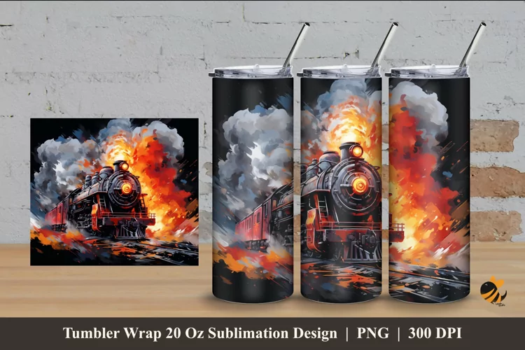 Burning Locomotive Tumbler Wrap Sublimation Design 4