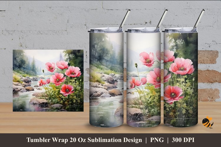 Floral And River Tumbler Wrap Sublimation Design 4 example image 1