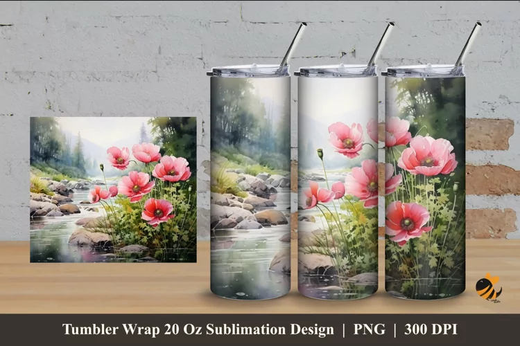 Floral And River Tumbler Wrap Sublimation Design 4