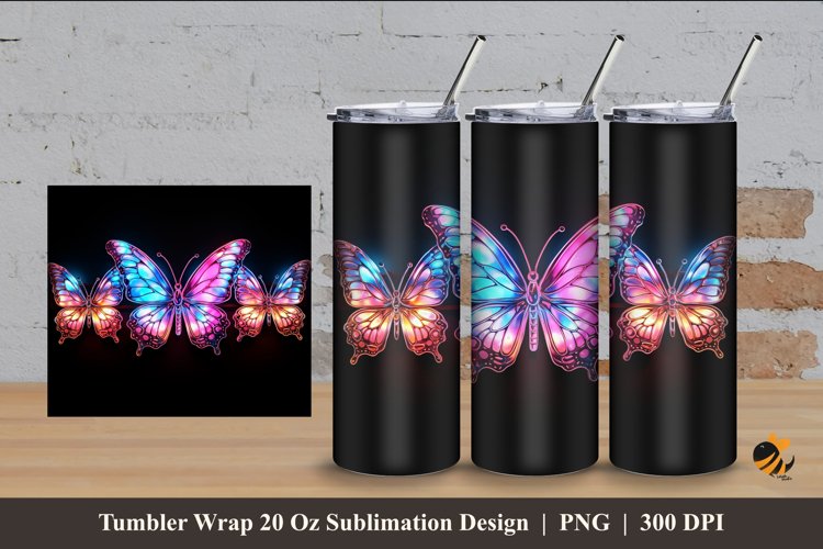 Neon Butterflies Tumbler Wrap Sublimation Design 4 example image 1