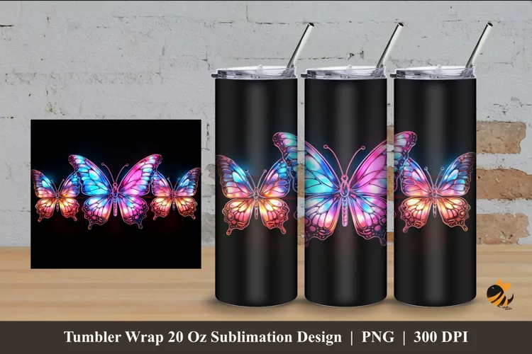 Neon Butterflies Tumbler Wrap Sublimation Design 4