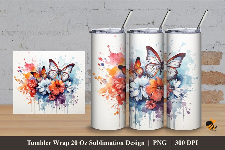 Butterflies Flowers Tumbler Wrap Sublimation Design 4