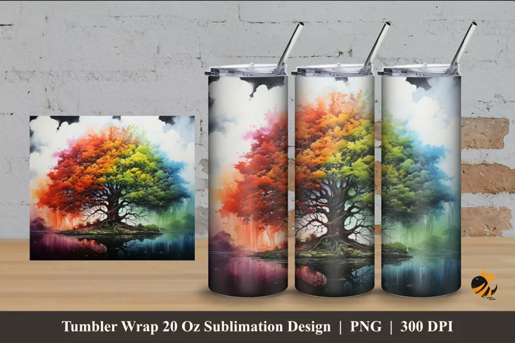 Painting Rainbow Tree Tumbler Wrap Sublimation Design 4