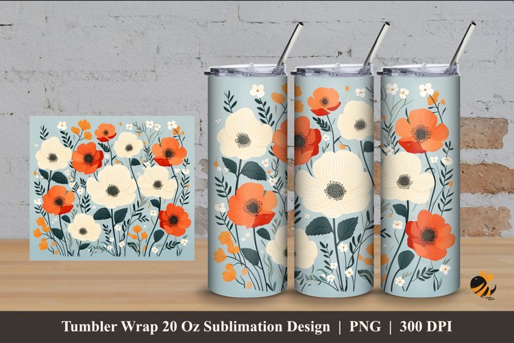 Retro Flowers Tumbler Wrap Sublimation Design 4 example image 1
