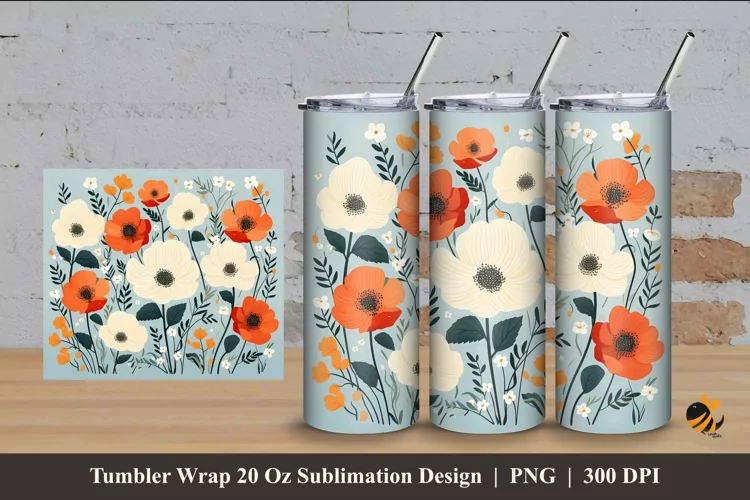 Retro Flowers Tumbler Wrap Sublimation Design 4