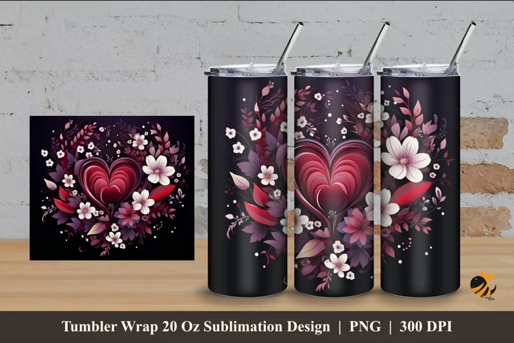 Flower Heart Tumbler Wrap Sublimation Design 4
