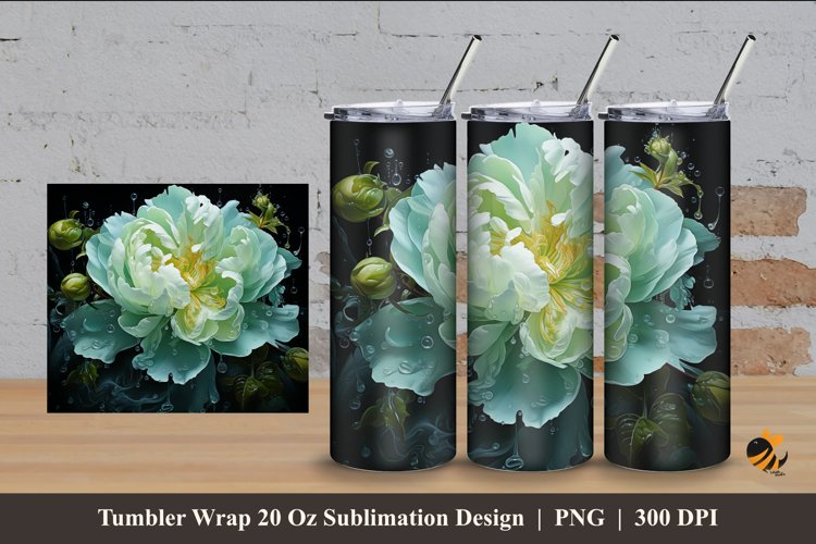 Green Peony Tumbler Wrap Sublimation Design 4 example image 1
