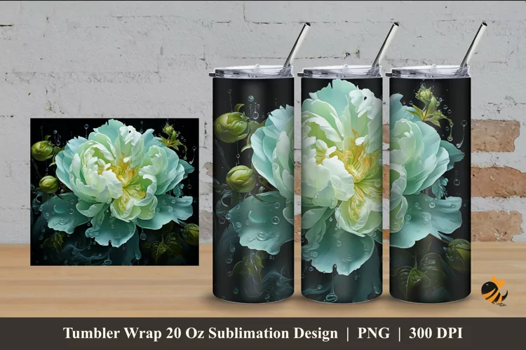 Green Peony Tumbler Wrap Sublimation Design 4